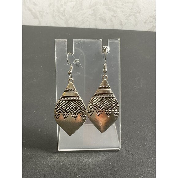 Tribal Geometric Patterned Silver Dangle Earrings For Women - Picture 1 of 3